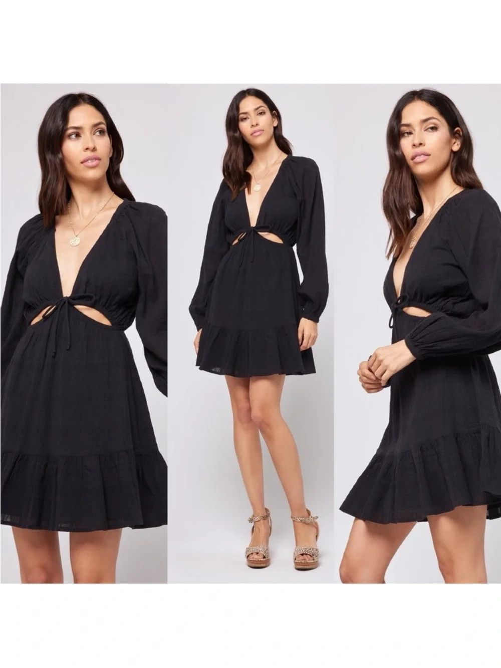 L Space Mini Dress Size Small Black Feelin Fine Gauge Tier Peasant Sleeve Soft - Picture 1 of 8